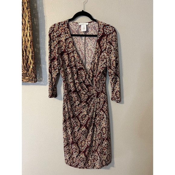 Laundry Design Faux Wrap Dress Stretch Career Church Washble Burgundy Orange Tan - Picture 7 of 13